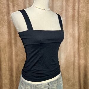 Vintage Y2K  Black Square Neck Cropped Fitted Tank Top Fold Over Indie Sleaze